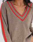 ASTRID PULL COL V BEIGE CHINE/ROUGE