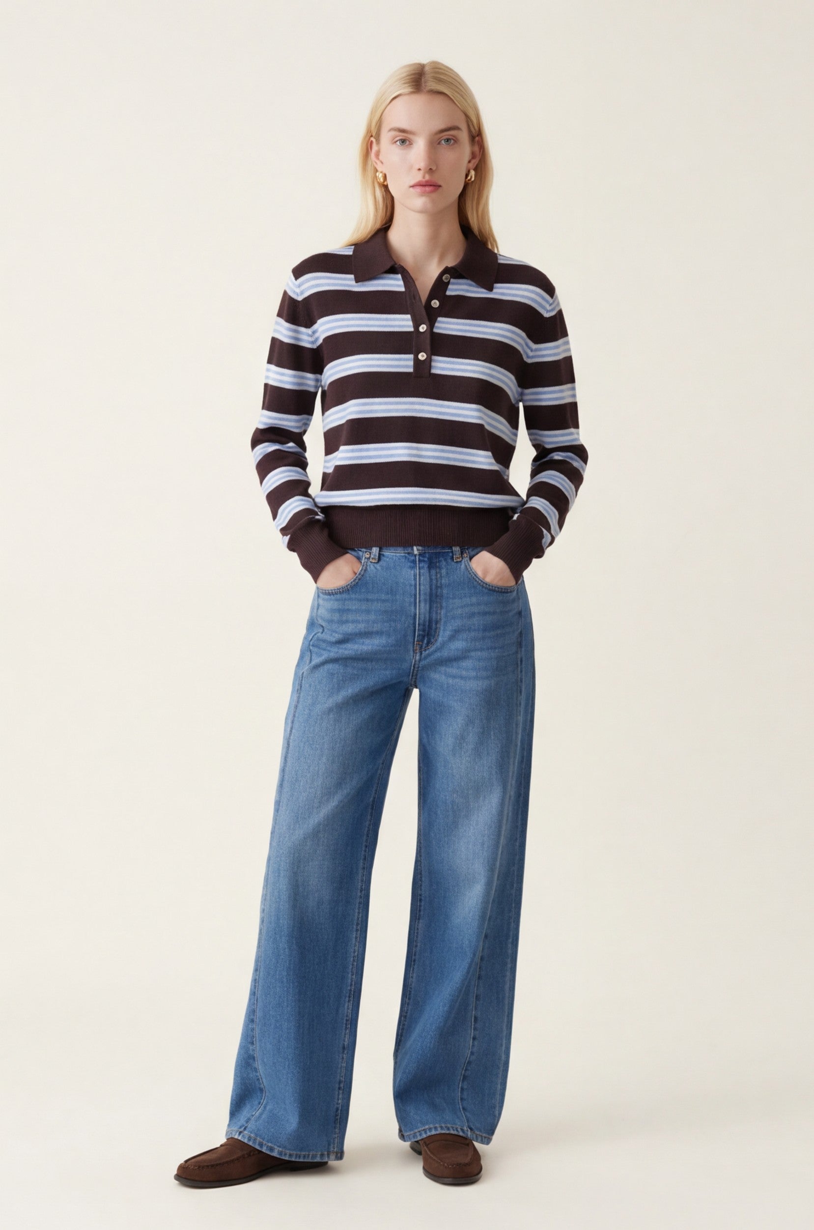 PULL POLO RAYE - DARIA - CHOCOLAT/CIEL