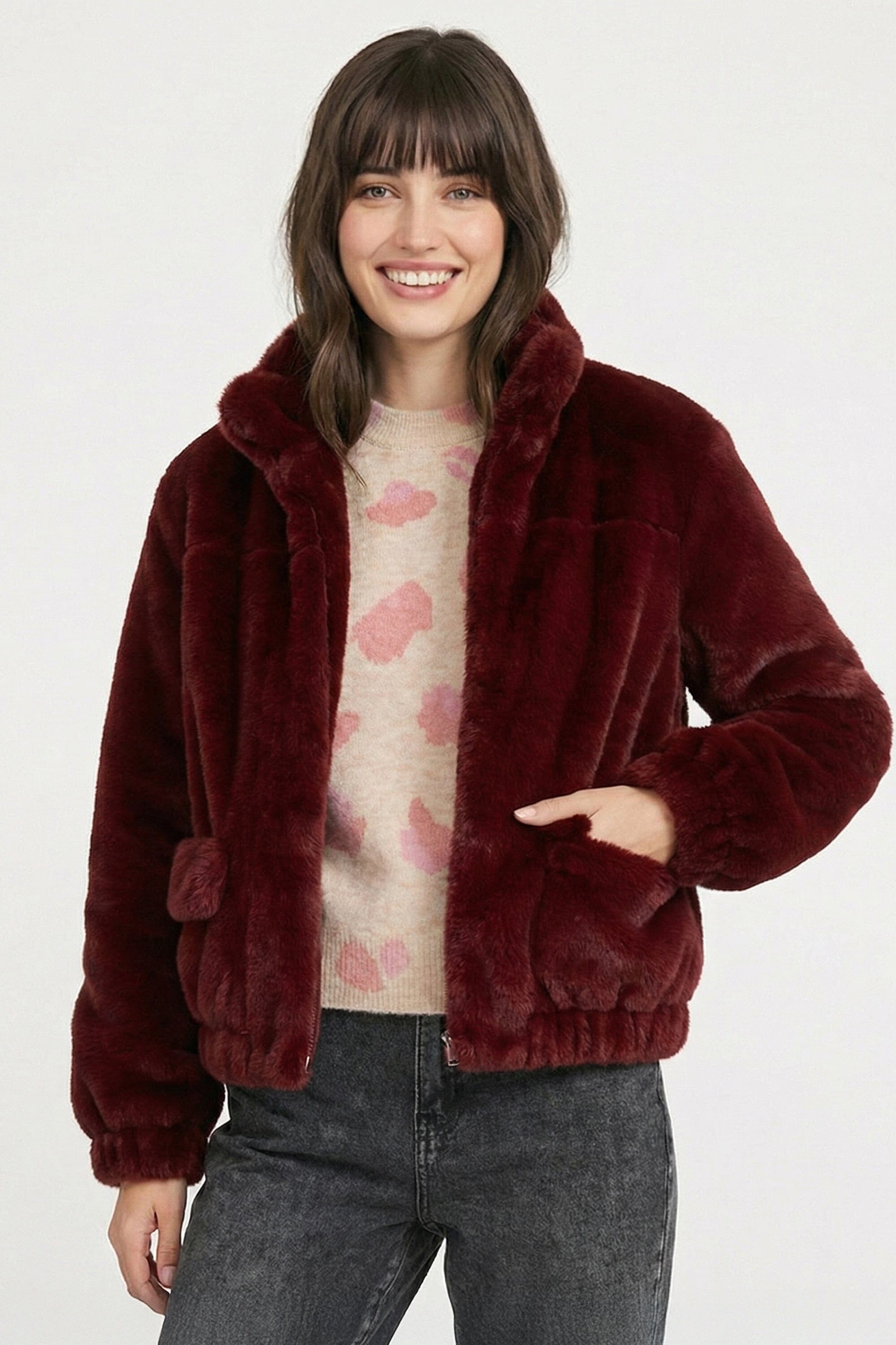 BLOUSON FAUX FUR - MARINA - LIE DE VIN MANTEAU KOOKAÏ Mode Kookai