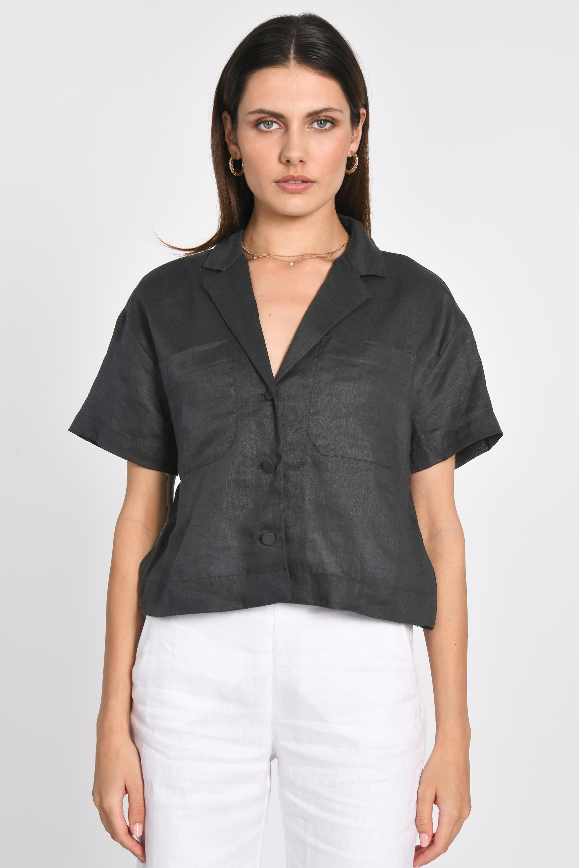 CHEMISE EN LIN CROP TAHIA NOIR CHEMISIER KOOKAI Mode Kookai