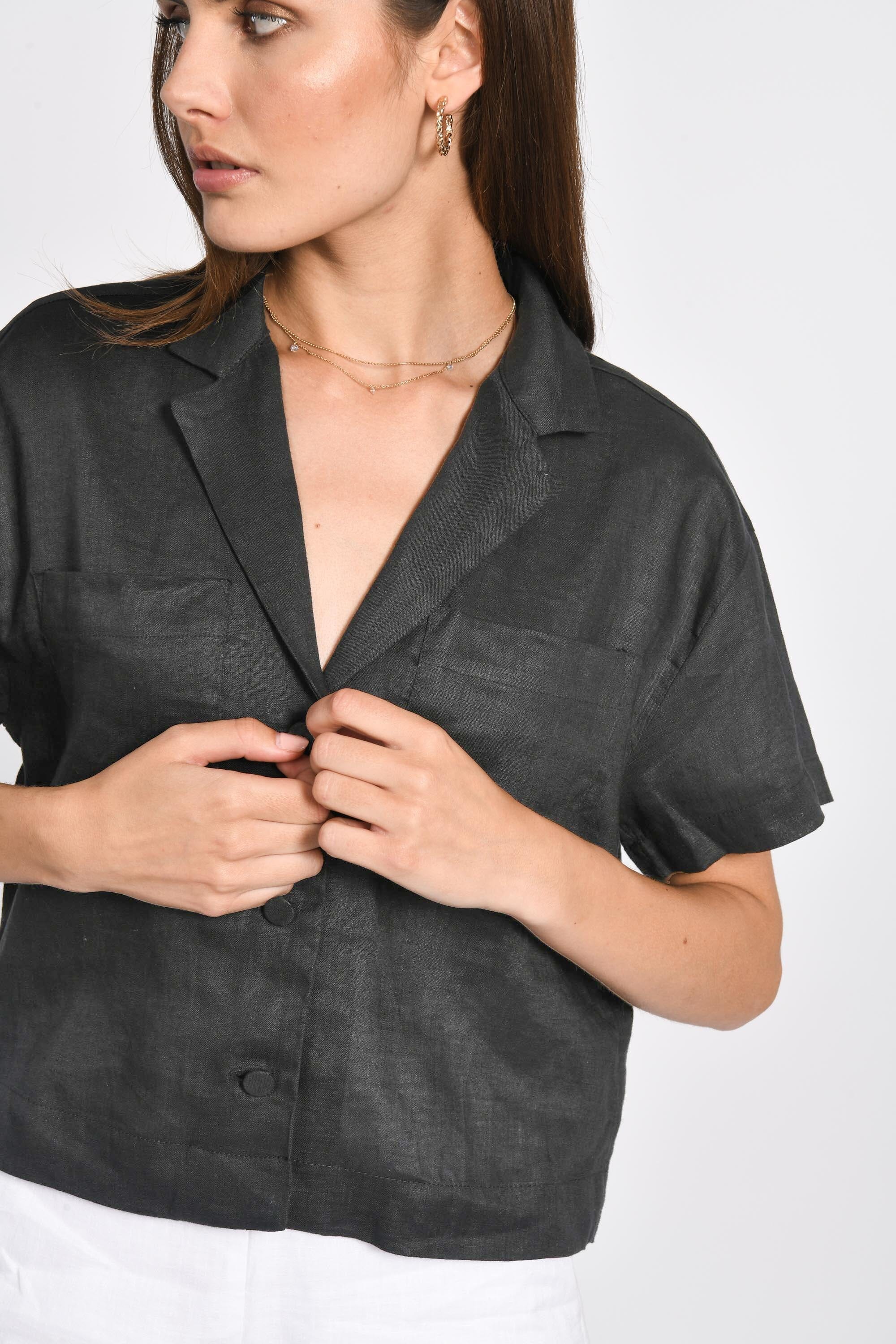 CHEMISE EN LIN CROP TAHIA NOIR CHEMISIER KOOKAI Mode Kookai