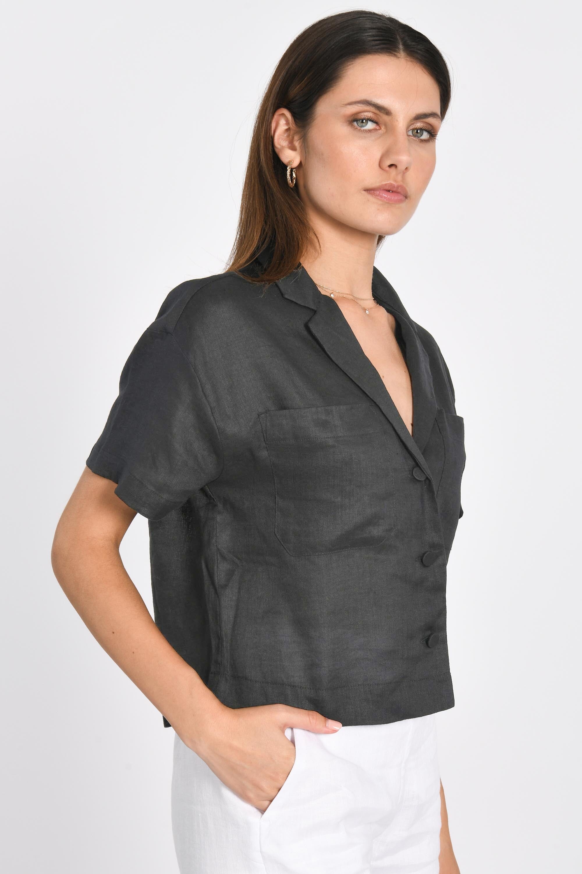 CHEMISE EN LIN CROP TAHIA NOIR CHEMISIER KOOKAI Mode Kookai
