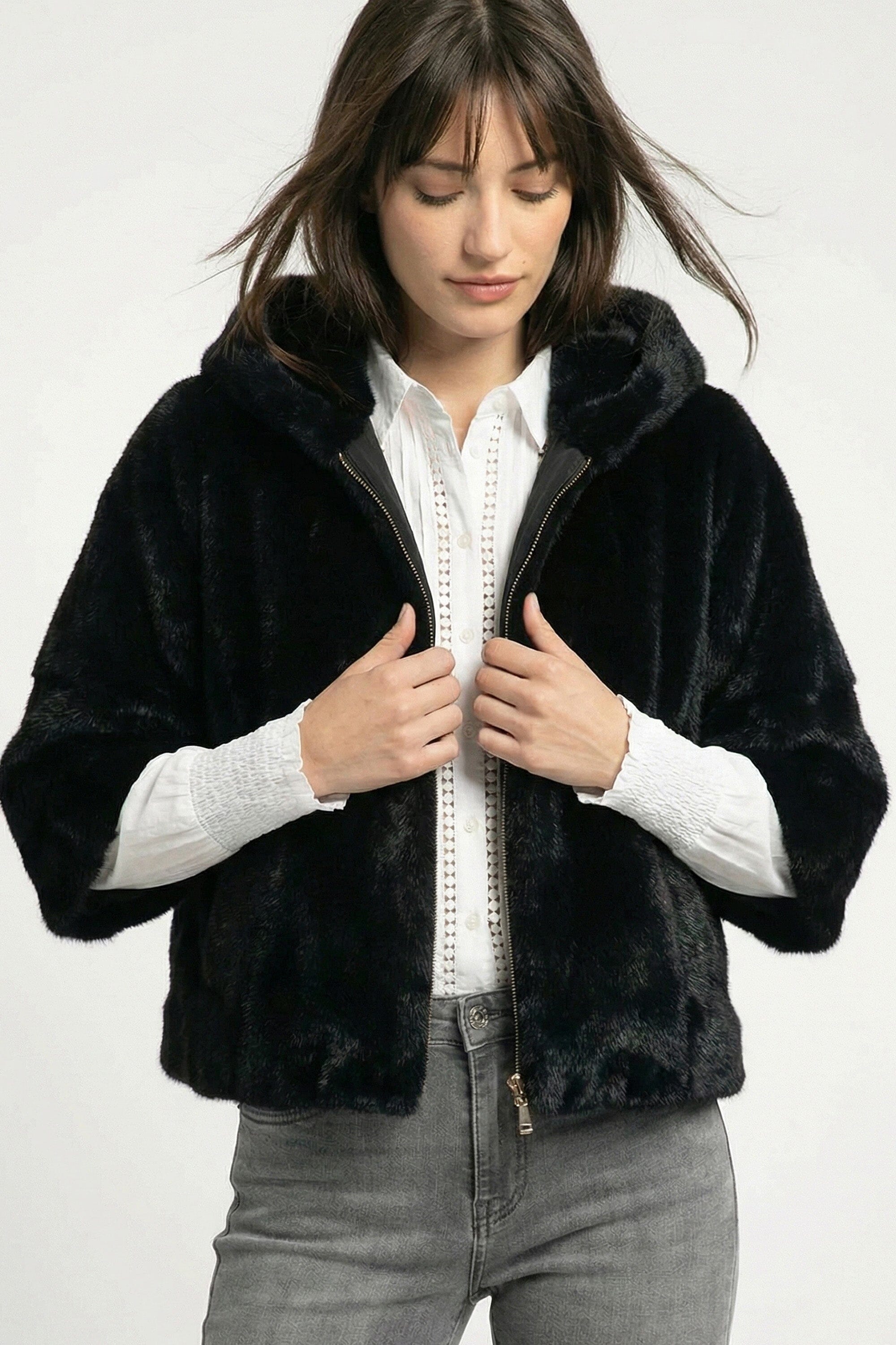 PONCHO FAUX FUR - MARINA - NOIR MANTEAU KOOKAÏ Mode Kookai