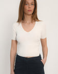 PULL COL V MANCHES COURTES - ÉCRU - ABBY PULL KOOKAI Mode Kookai