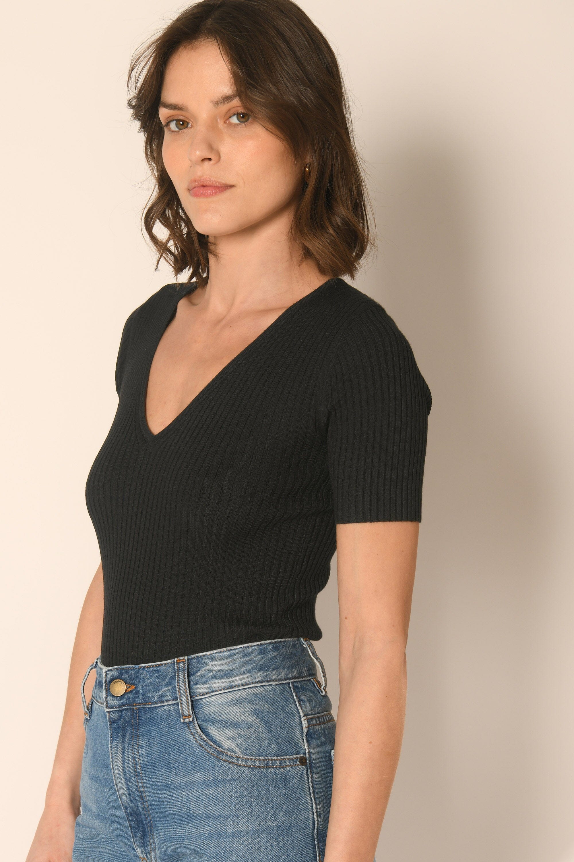 PULL COL V MANCHES COURTES - NOIR - ABBY PULL KOOKAI Mode Kookai
