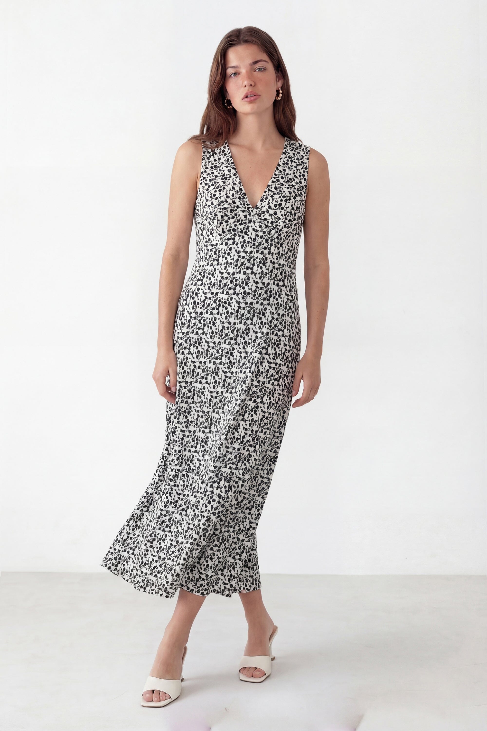 ROBE MIDI - CADEN - LIBERTY ECRU NOIR ROBE NEW KOOKAI Mode Kookai