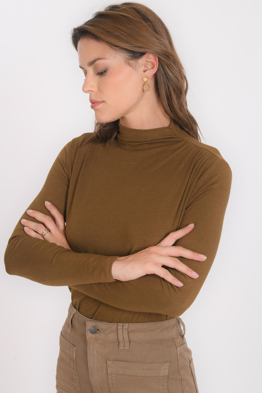 T-SHIRT COL MONTANT - BASSA - KAKI – kookai