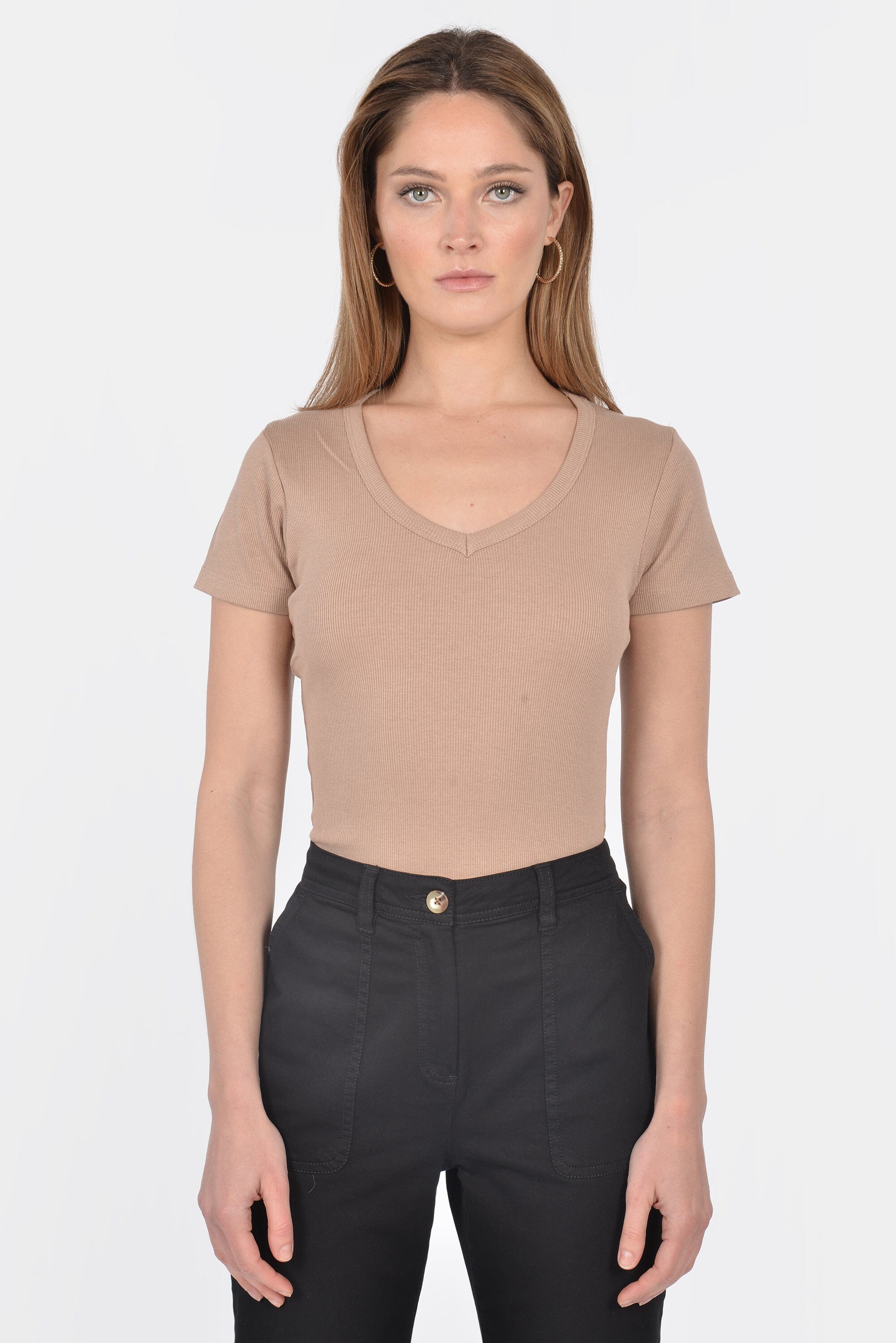 T-SHIRT CÔTELÉ V CLAIRE BEIGE TEE SHIRT KOOKAI Mode Kookai