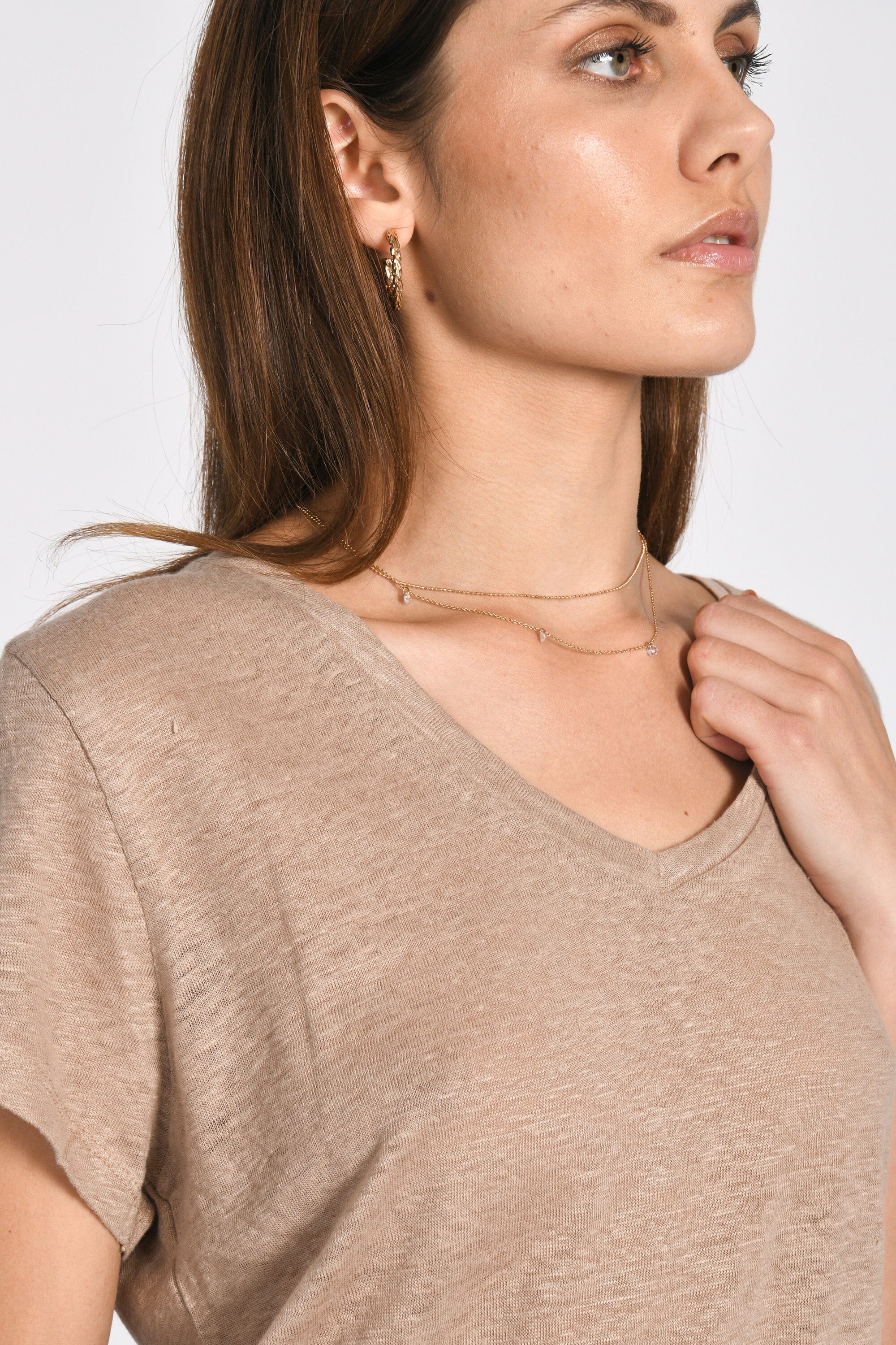 TEE COL V 100% LIN LOUISE BEIGE TEE SHIRT KOOKAI Mode Kookai