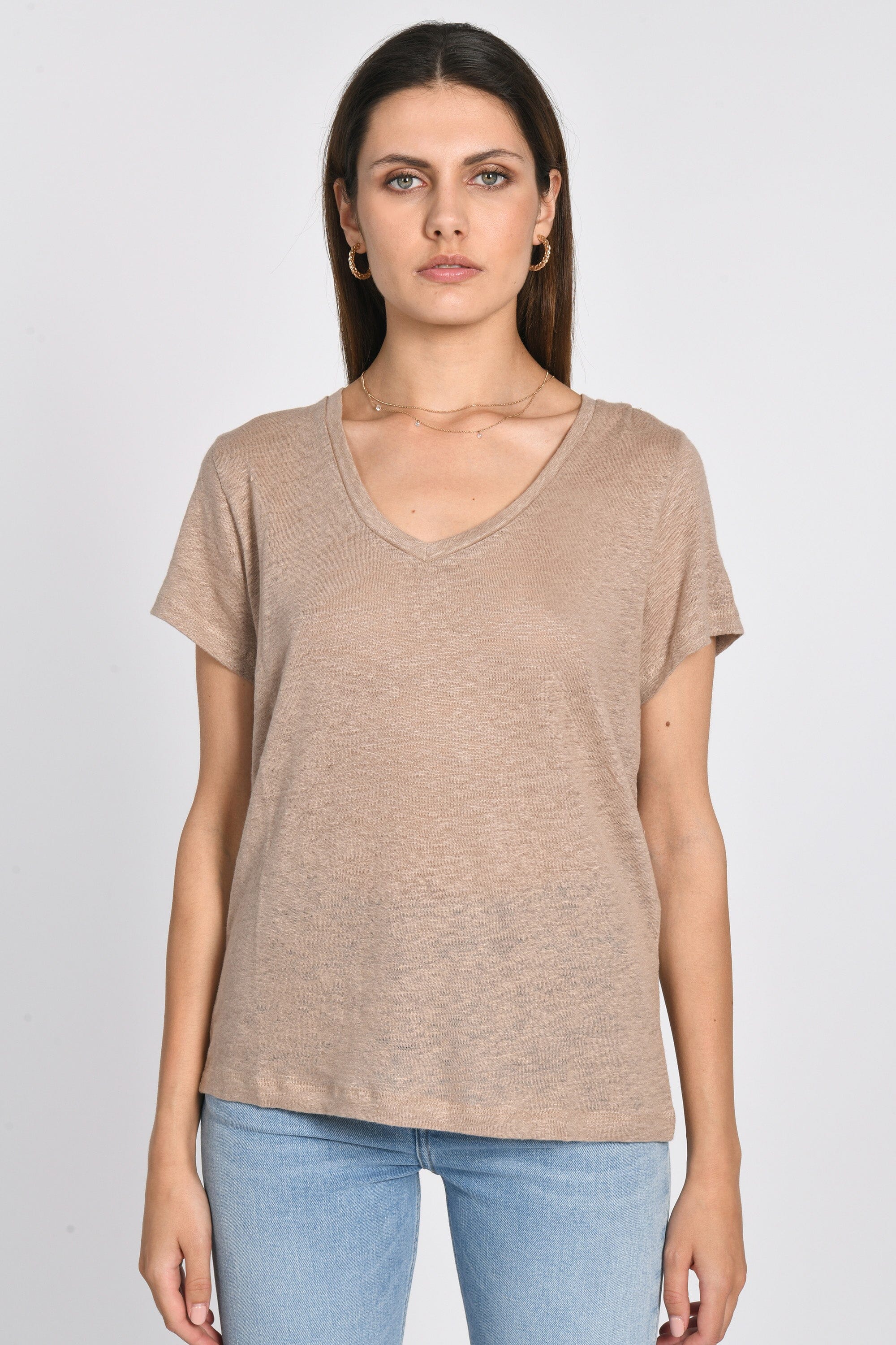 TEE COL V 100% LIN LOUISE BEIGE TEE SHIRT KOOKAI Mode Kookai