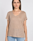 TEE COL V 100% LIN LOUISE BEIGE TEE SHIRT KOOKAI Mode Kookai