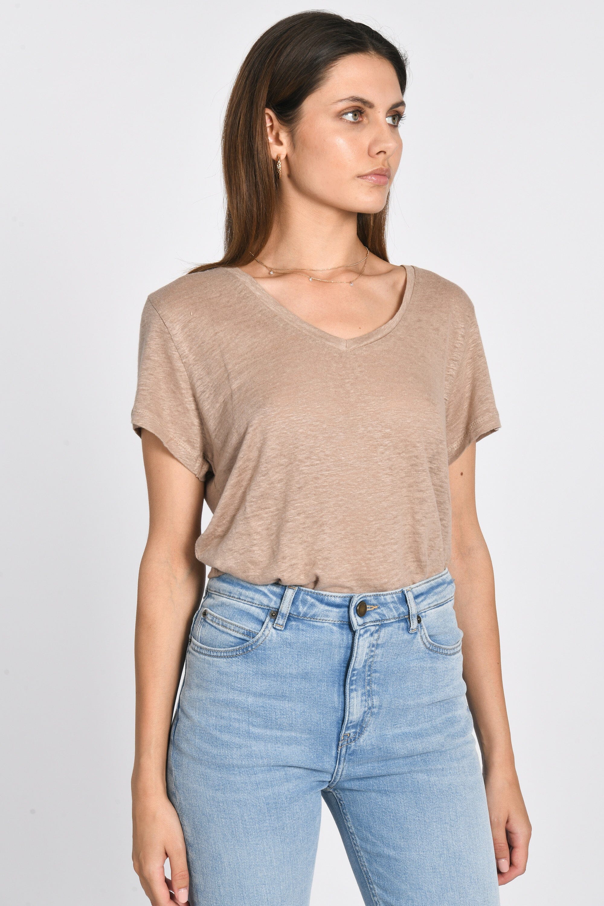 TEE COL V 100% LIN LOUISE BEIGE TEE SHIRT KOOKAI Mode Kookai