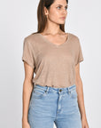 TEE COL V 100% LIN LOUISE BEIGE TEE SHIRT KOOKAI Mode Kookai
