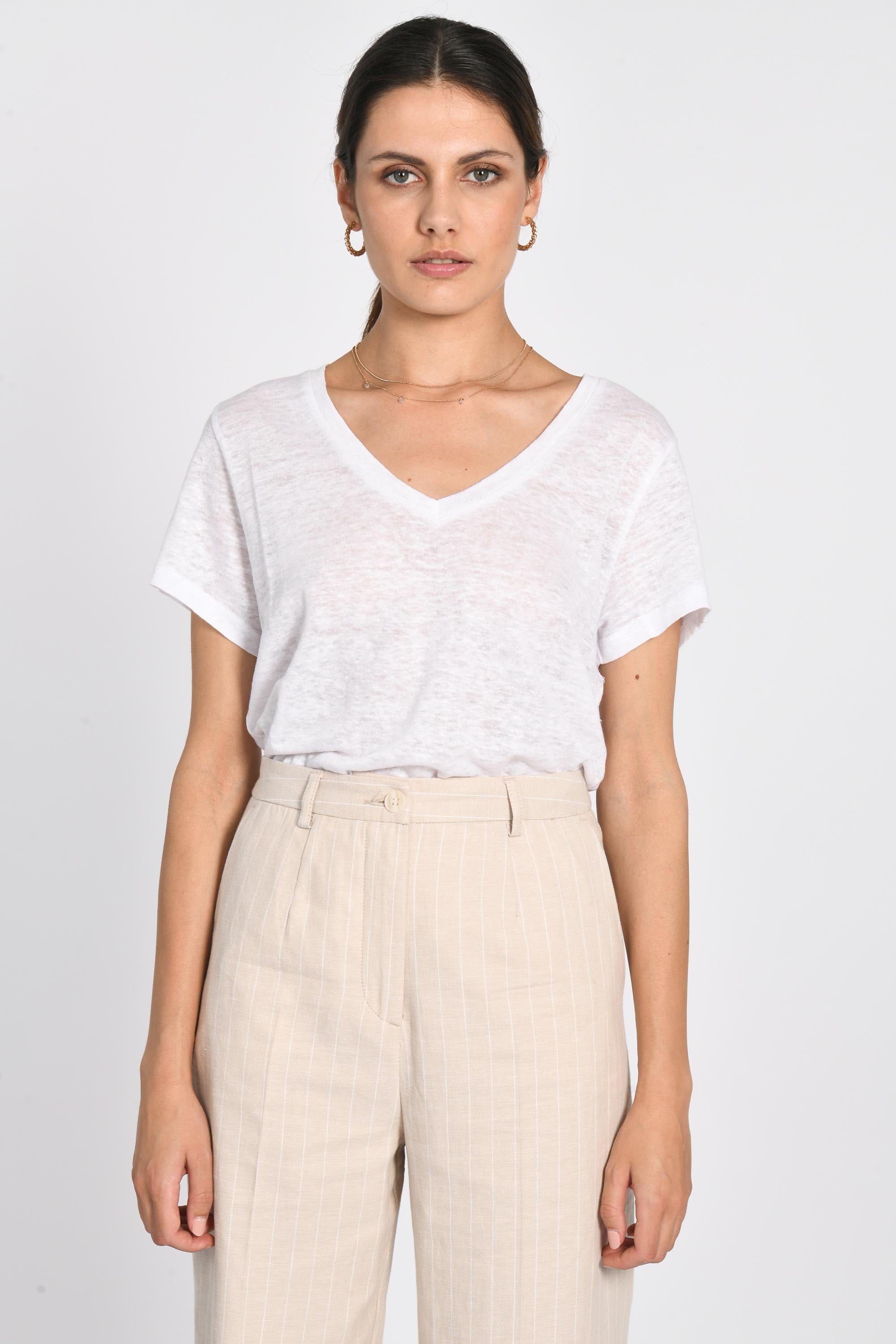 TEE COL V 100% LIN LOUISE BLANC TEE SHIRT KOOKAI Mode Kookai