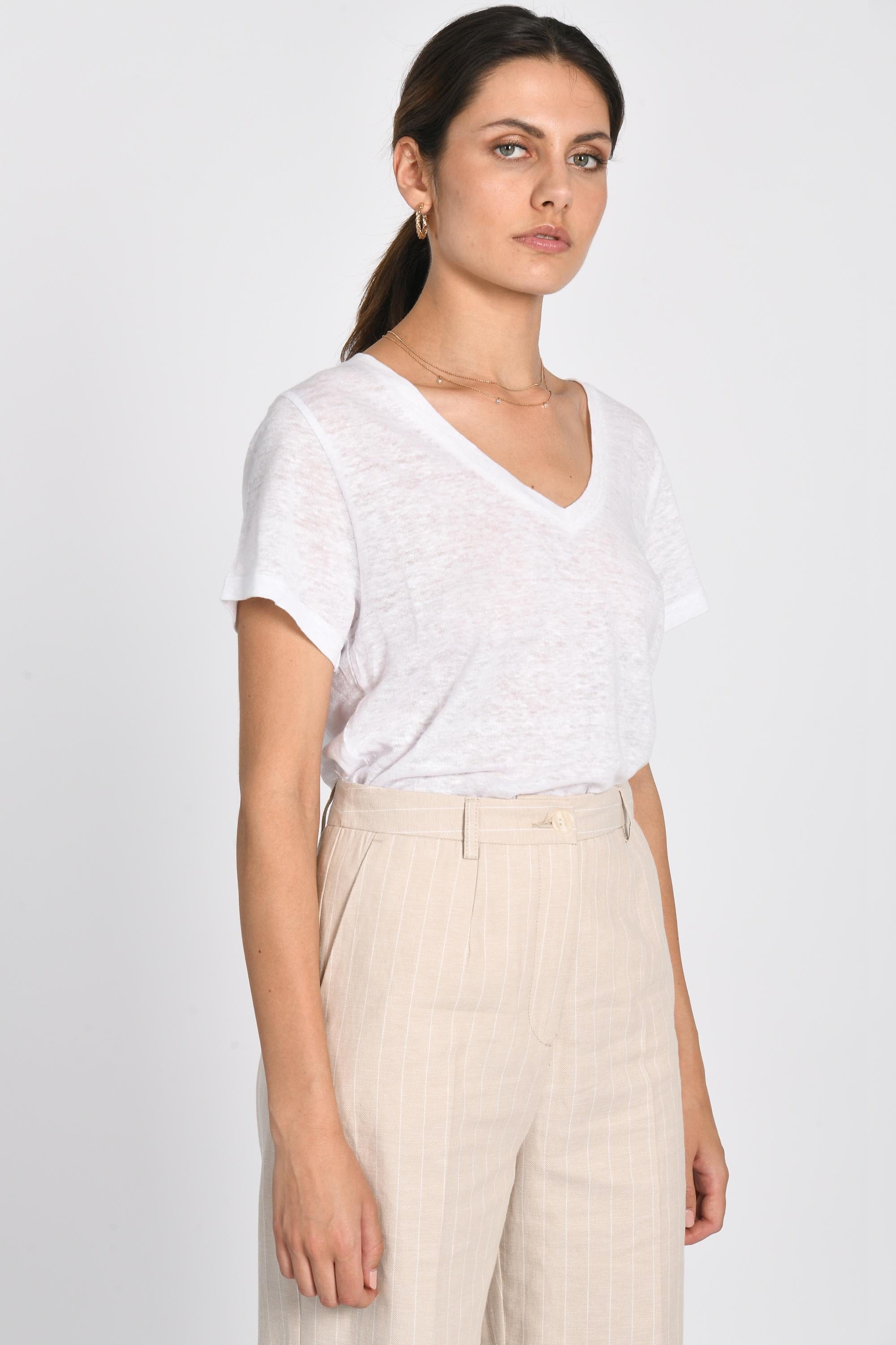 TEE COL V 100% LIN LOUISE BLANC TEE SHIRT KOOKAI Mode Kookai