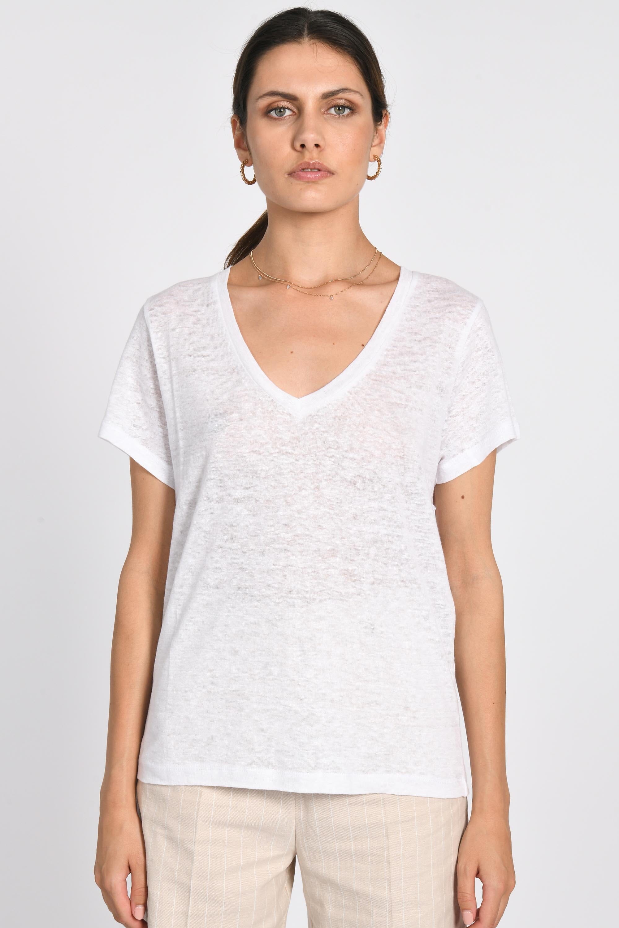 TEE COL V 100% LIN LOUISE BLANC TEE SHIRT KOOKAI Mode Kookai