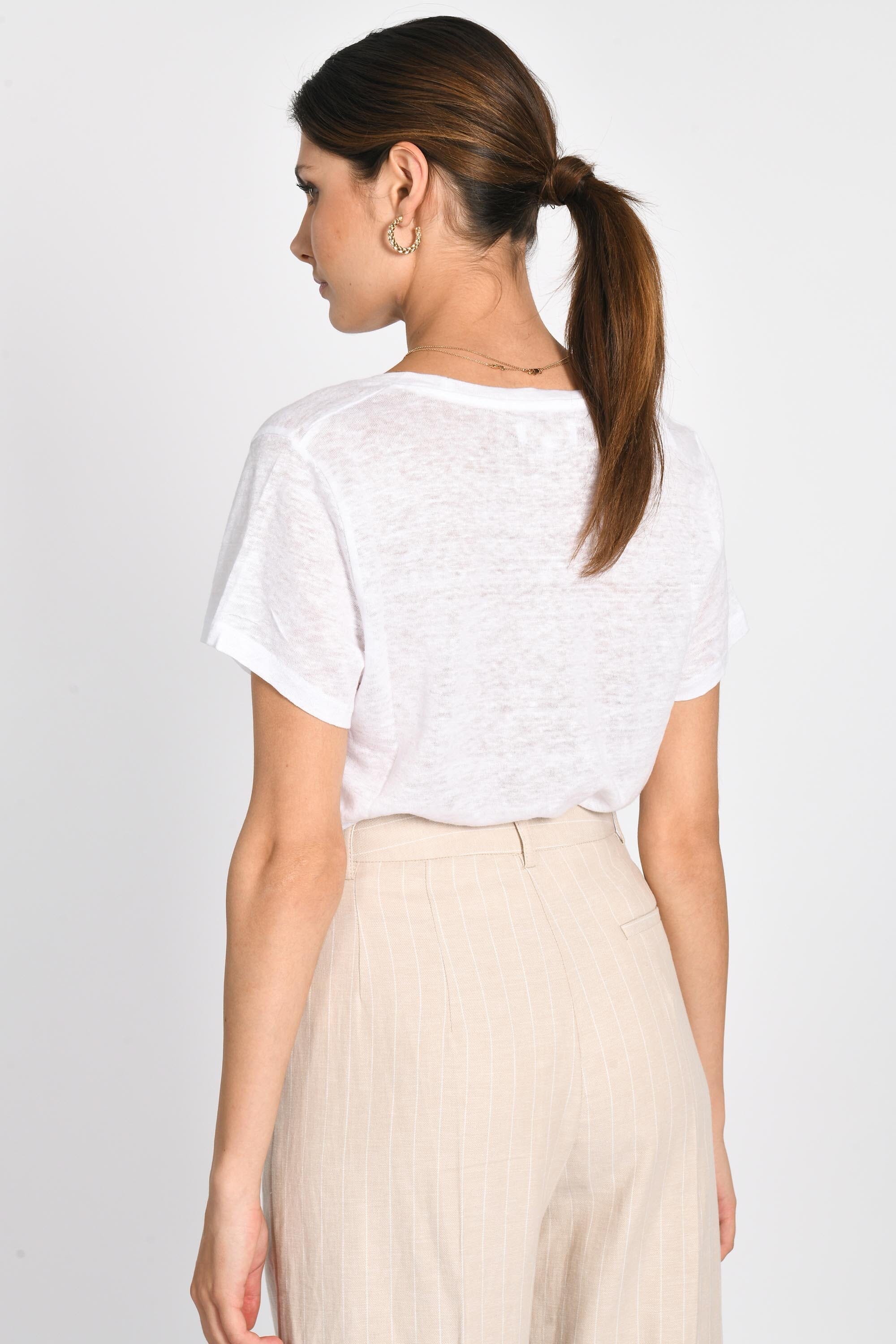 TEE COL V 100% LIN LOUISE BLANC TEE SHIRT KOOKAI Mode Kookai
