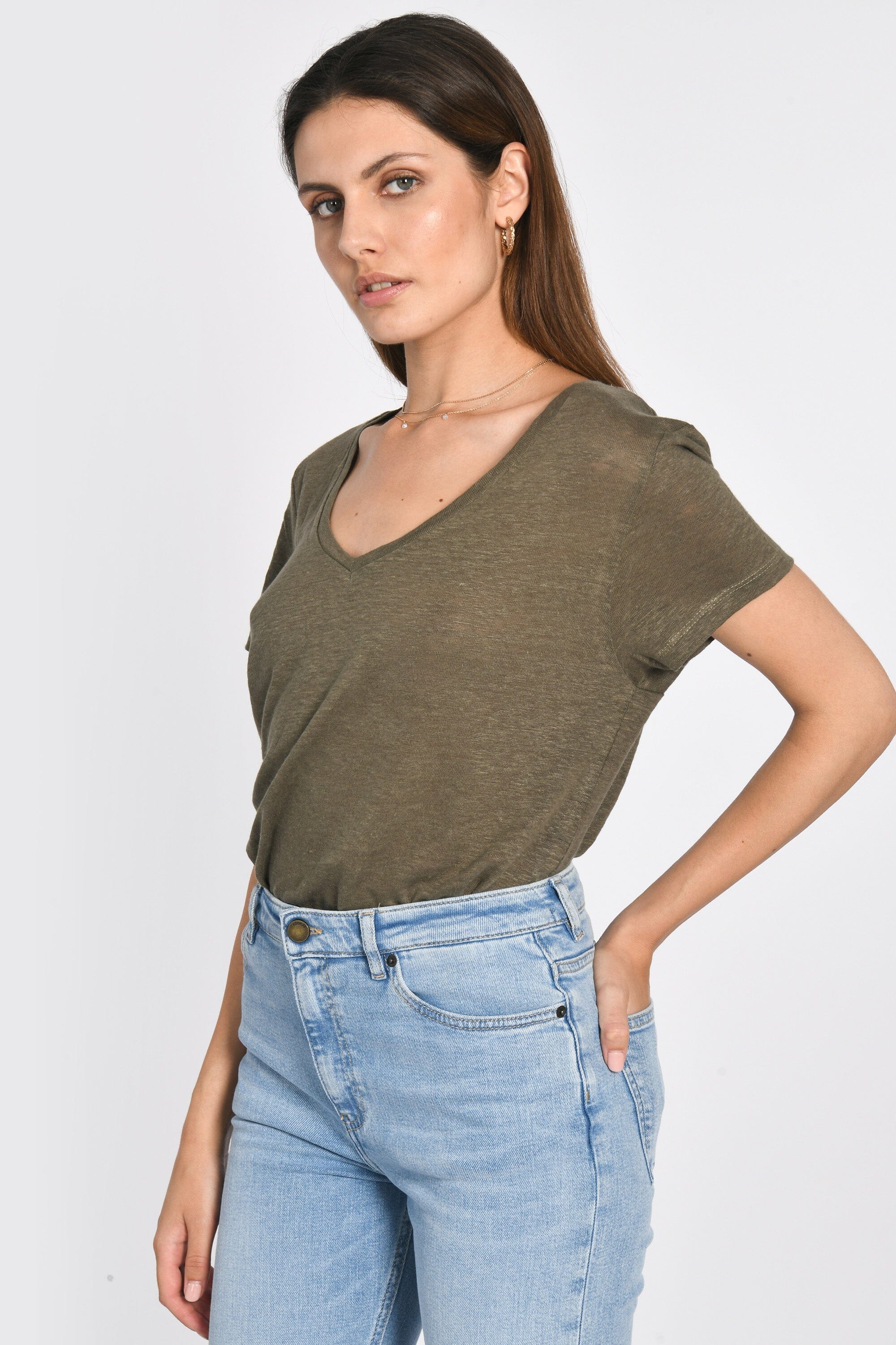 TEE COL V 100% LIN LOUISE KAKI TEE SHIRT KOOKAI Mode Kookai