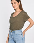 TEE COL V 100% LIN LOUISE KAKI TEE SHIRT KOOKAI Mode Kookai