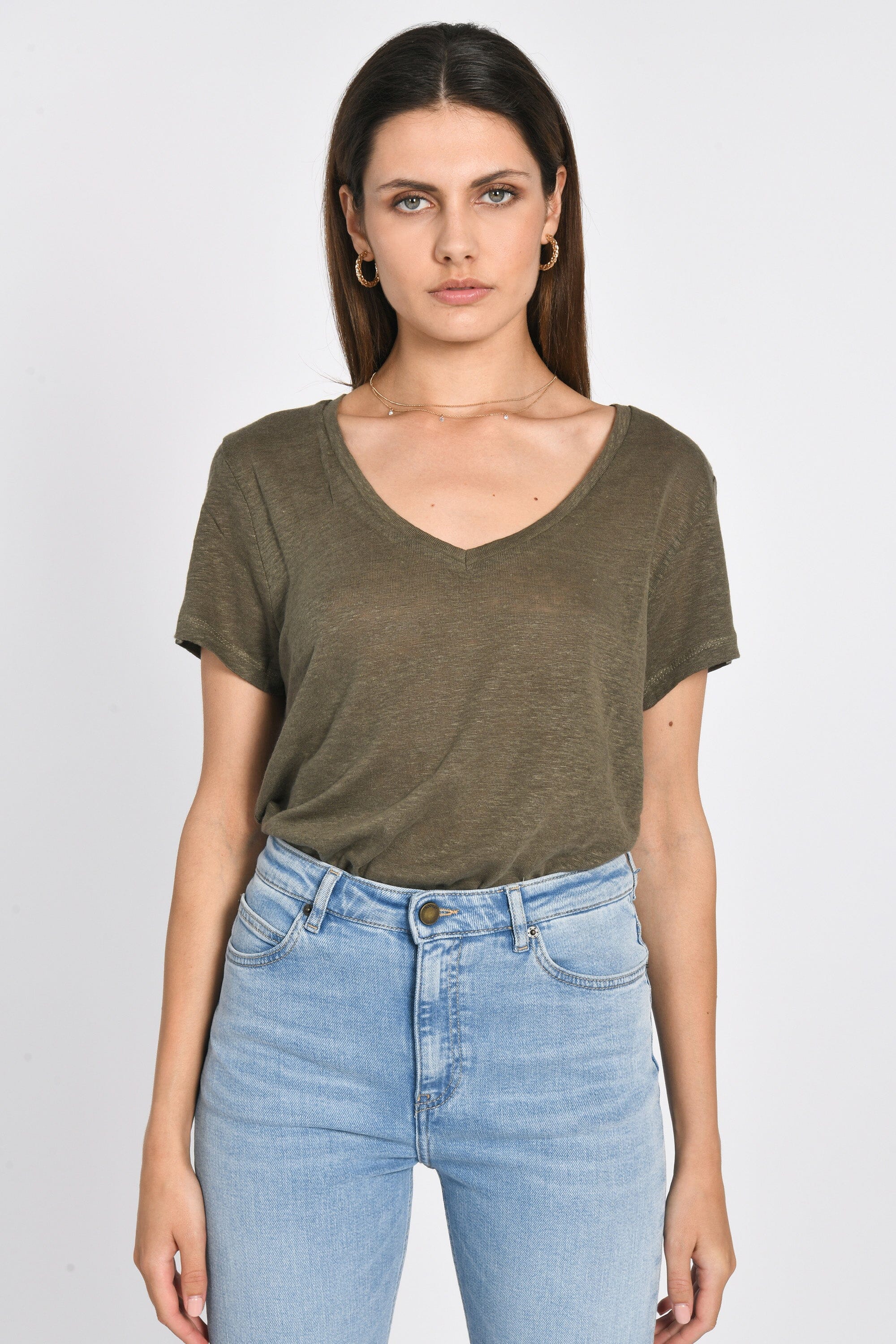 TEE COL V 100% LIN LOUISE KAKI TEE SHIRT KOOKAI Mode Kookai