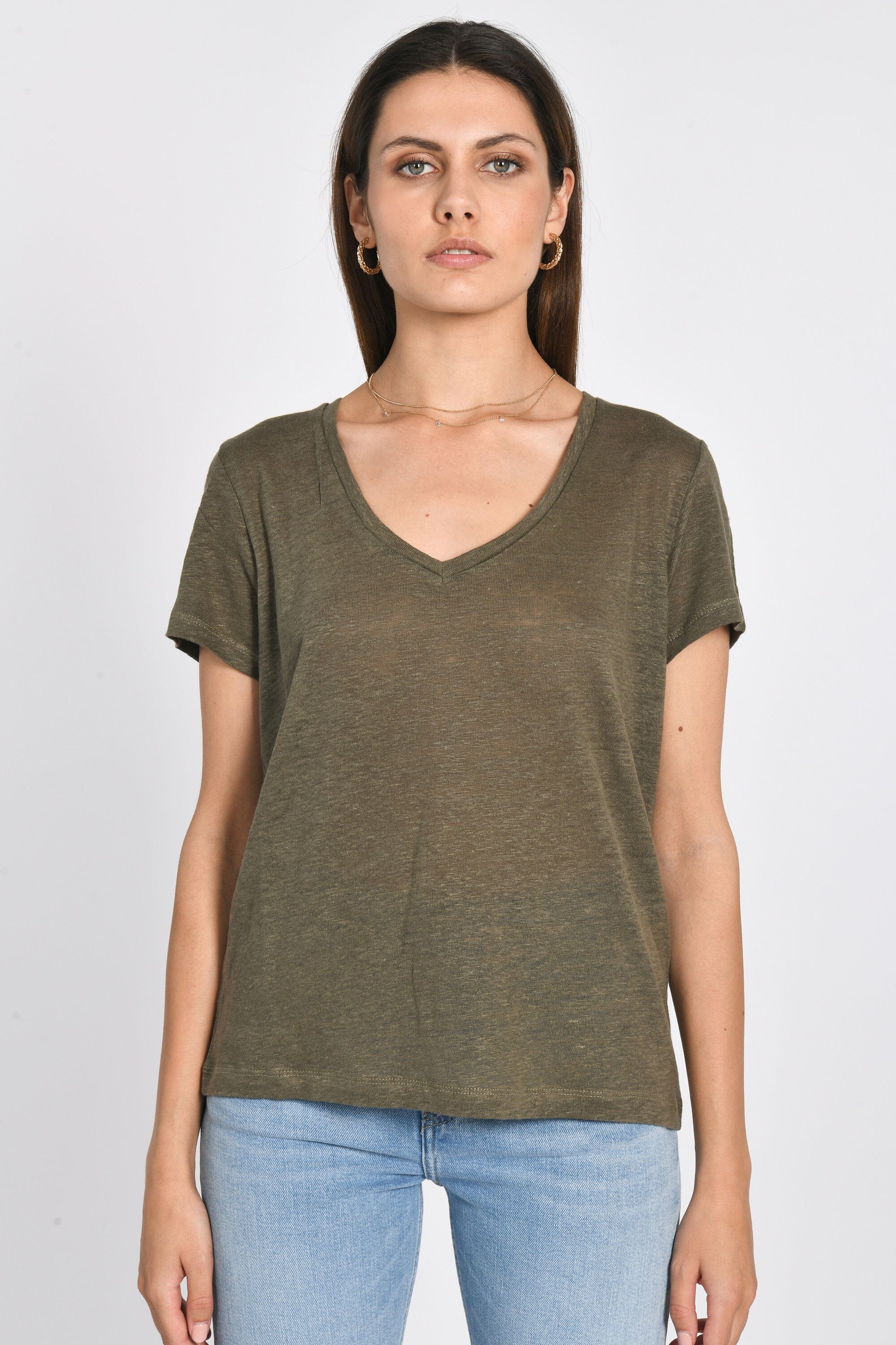 TEE COL V 100% LIN LOUISE KAKI TEE SHIRT KOOKAI Mode Kookai