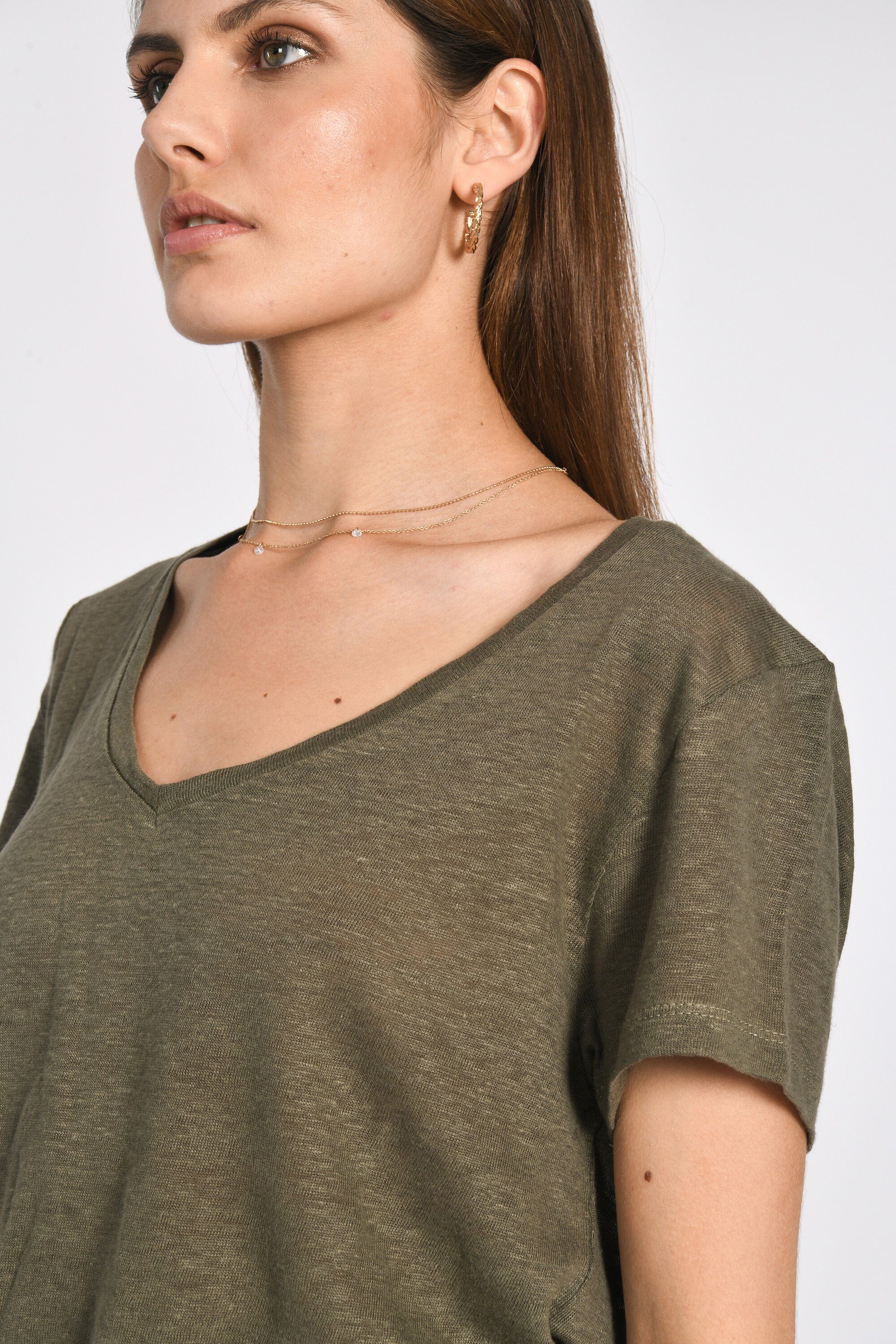 TEE COL V 100% LIN LOUISE KAKI TEE SHIRT KOOKAI Mode Kookai