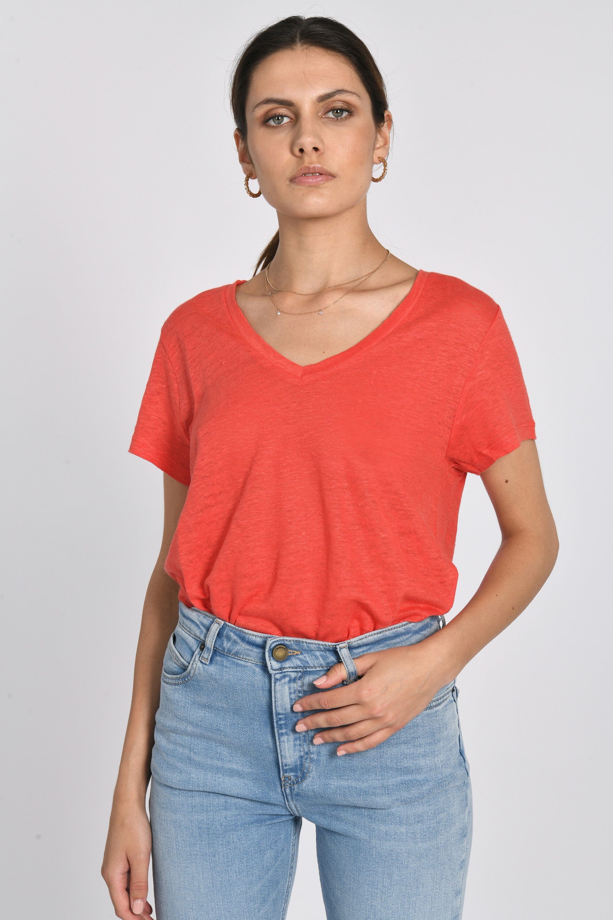 TEE COL V 100% LIN LOUISE STRAWBERRY TEE SHIRT KOOKAI Mode Kookai