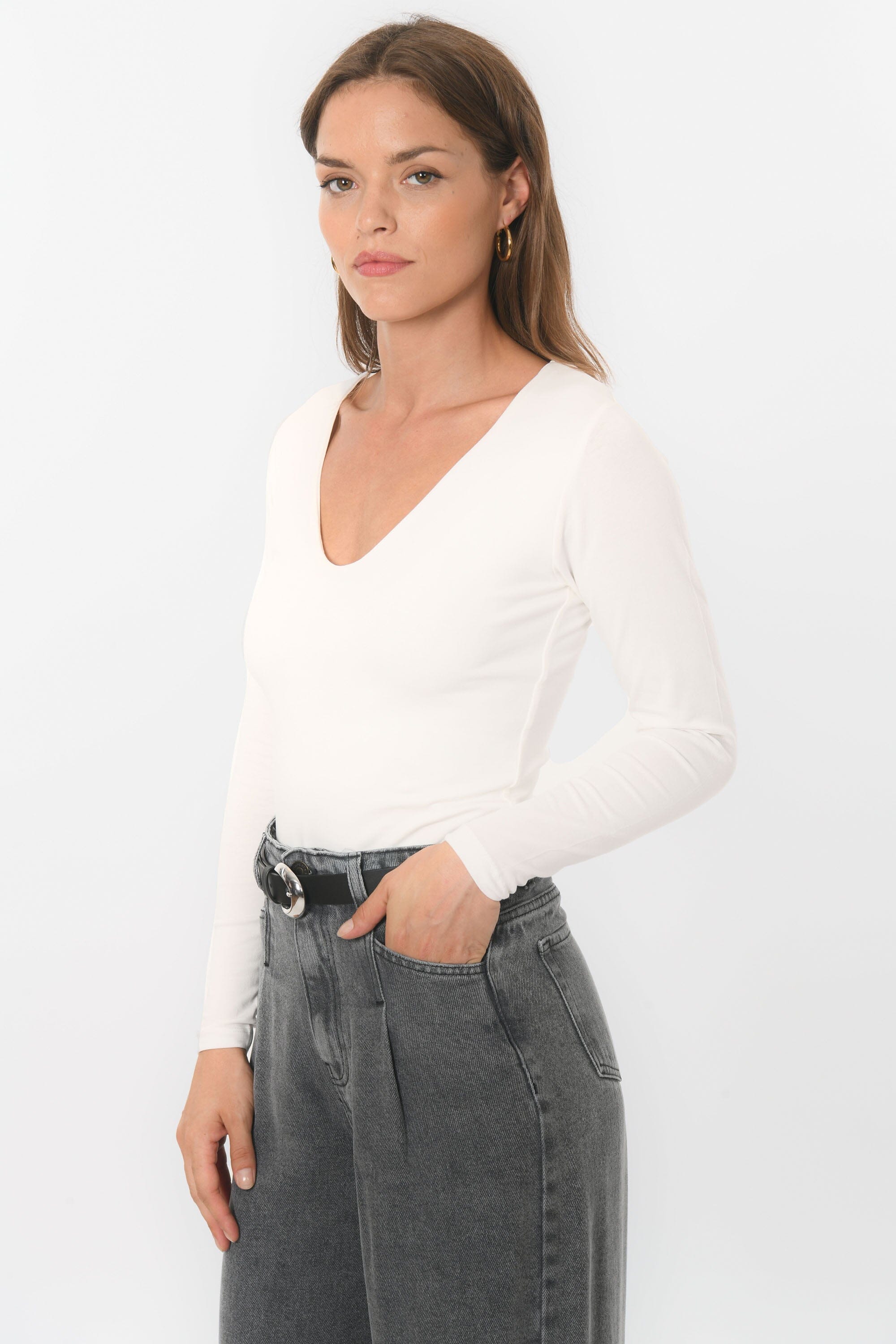 TEE-SHIRT COL V - MATHILDA - ECRU TEE SHIRT KOOKAI Mode Kookai